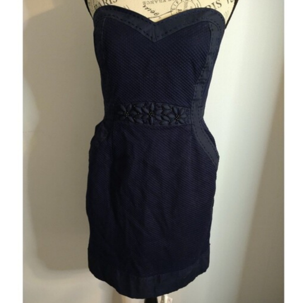 Rebecca Taylor strapless embroidered Knee Dress Sz 10 Blue Boho Feminine Cottage